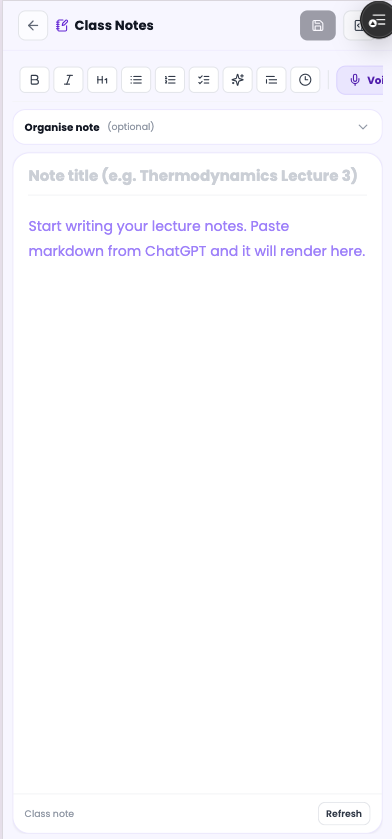 Class notes screen inside AbS