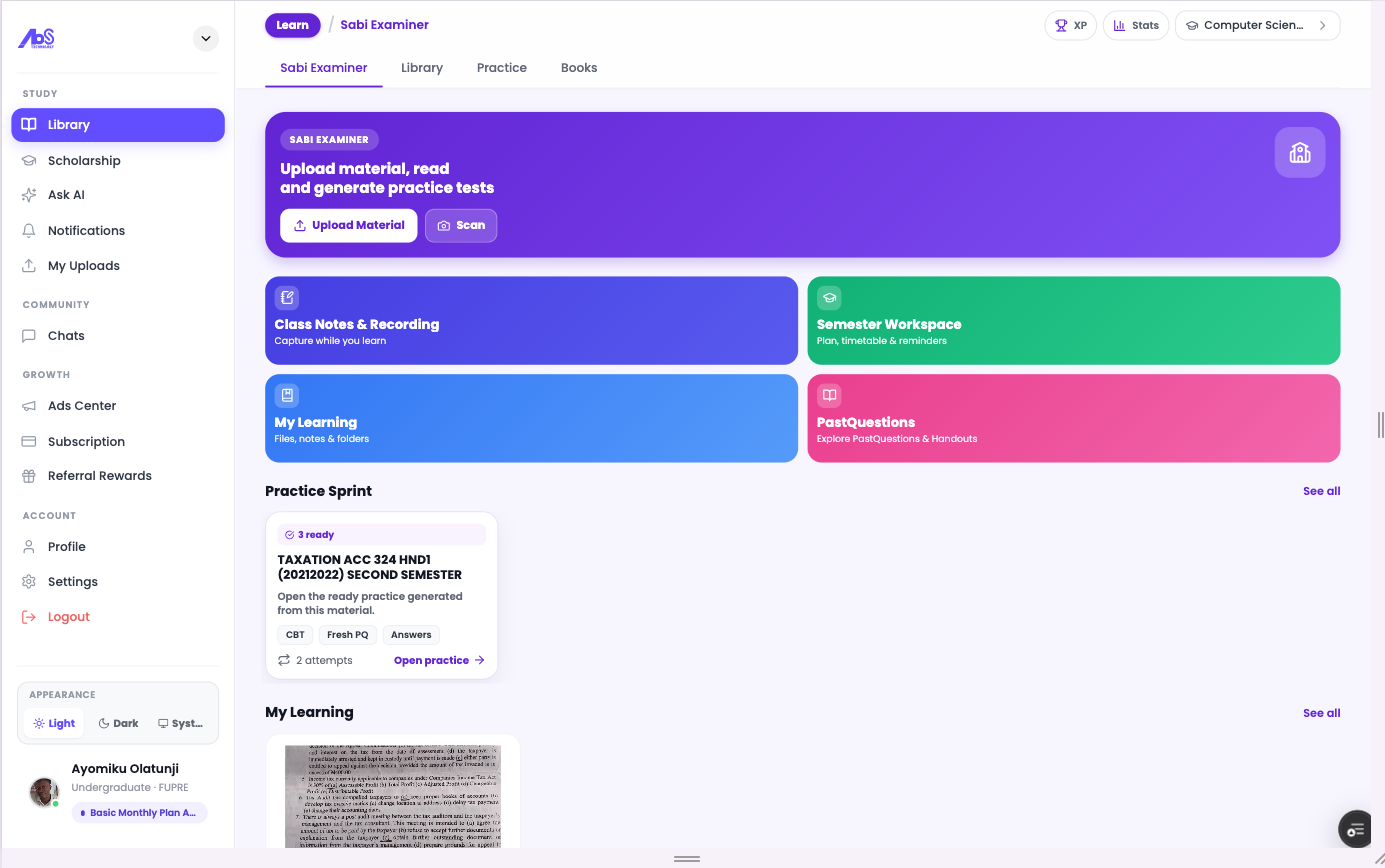 AbS desktop learning dashboard with Sabi Examiner, library, practice, and study cards