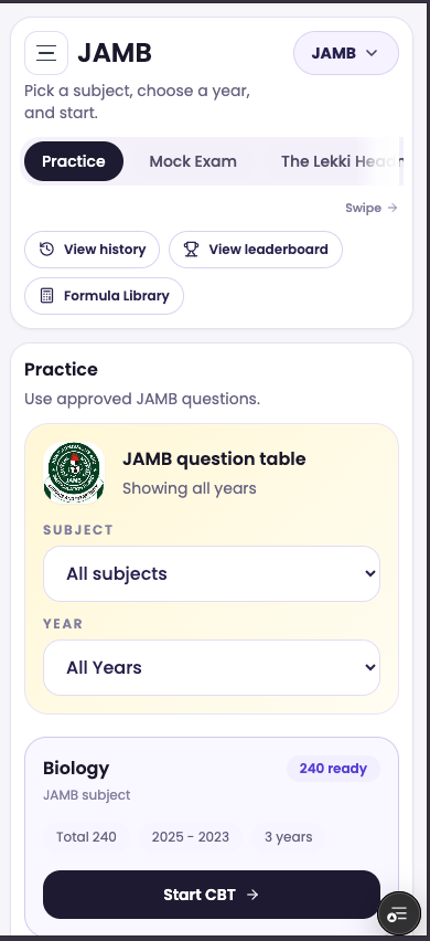 JAMB practice screen with subject and year selection