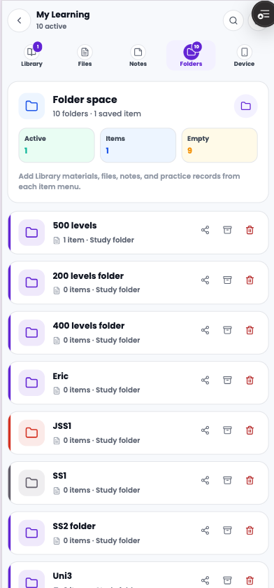My Learning screen with saved folders and materials