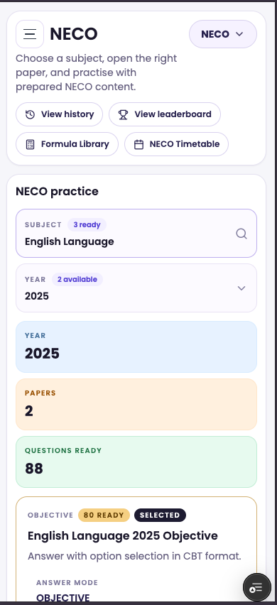 NECO practice screen with subject and paper controls