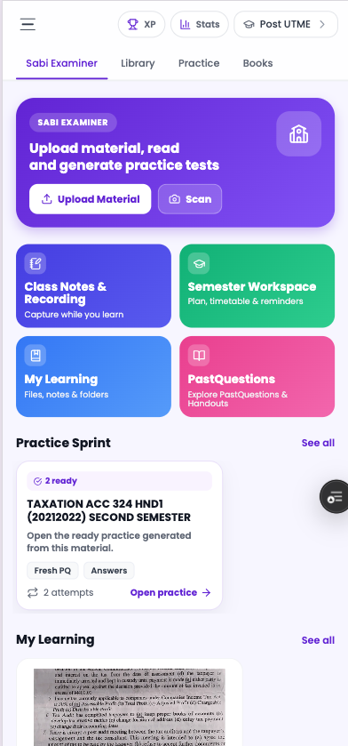 Sabi Examiner home screen with study surfaces