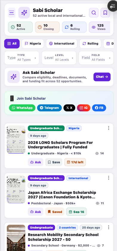 Sabi Scholar scholarship and opportunity screen