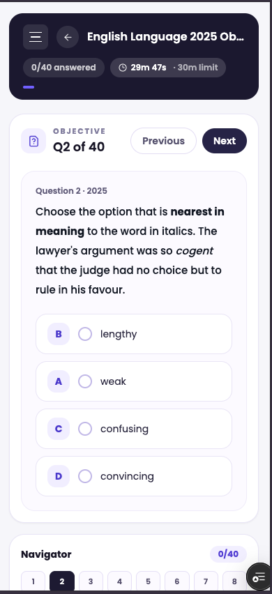 Timed CBT question screen with answer options