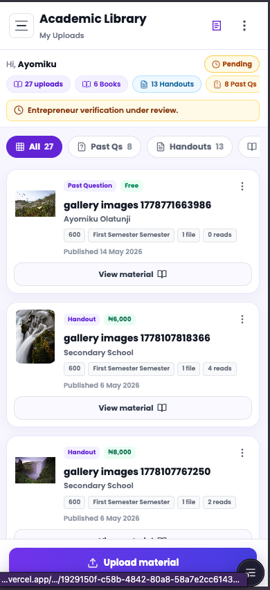 Seller catalogue screen with uploads and published materials