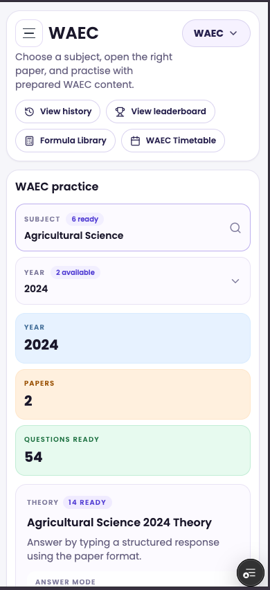 WAEC practice screen with subject and paper controls